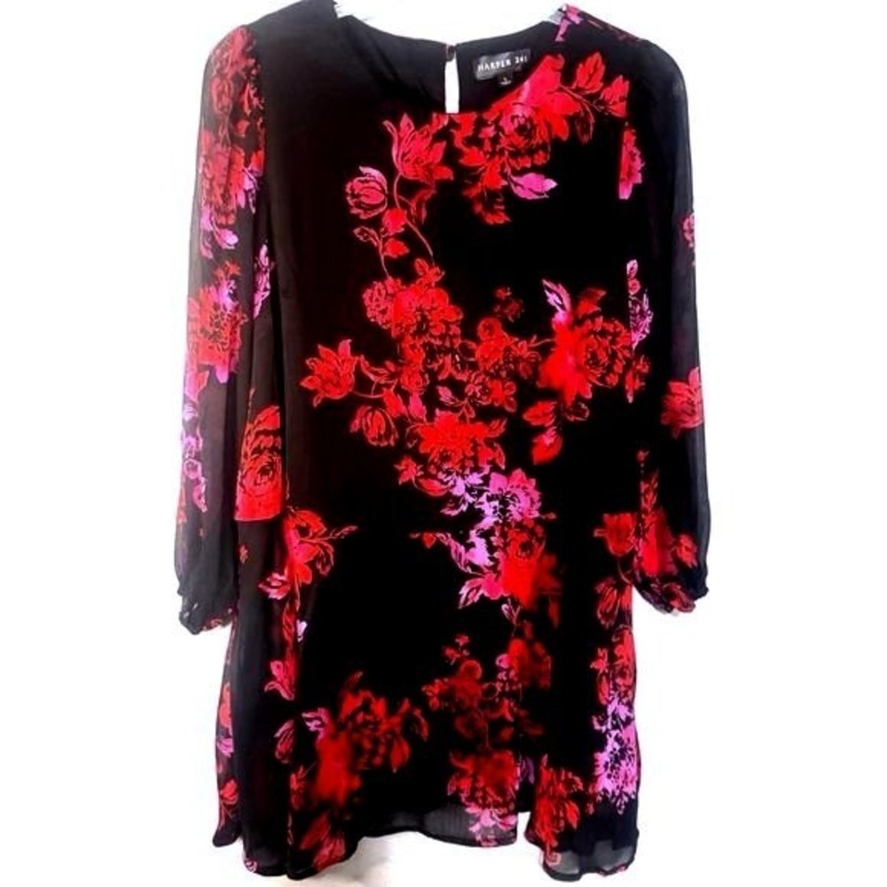 Harper 241 Floral Dress Women's Large Black Red Shift Wedding Guest